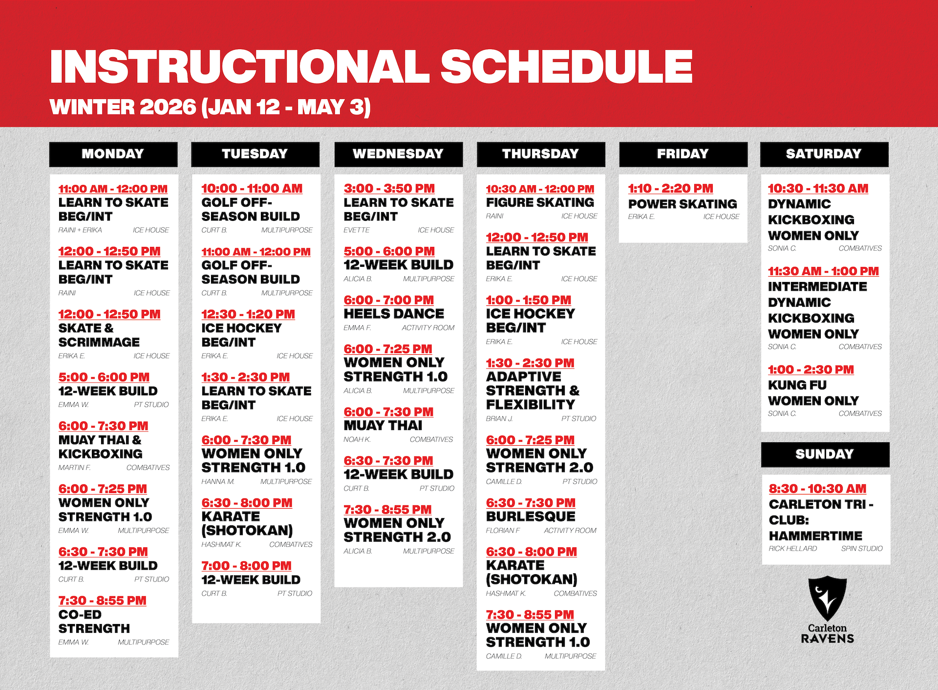 instructional schedule winter 2026