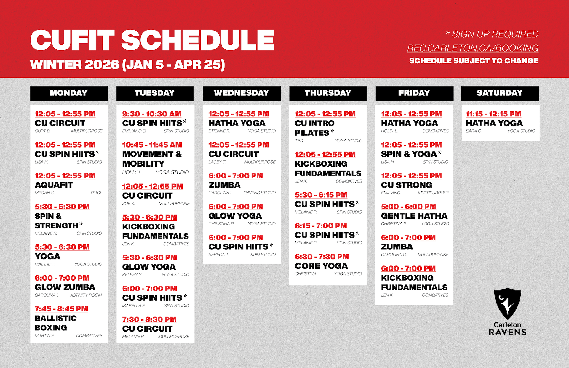 CUFIT 2026 winter schedule