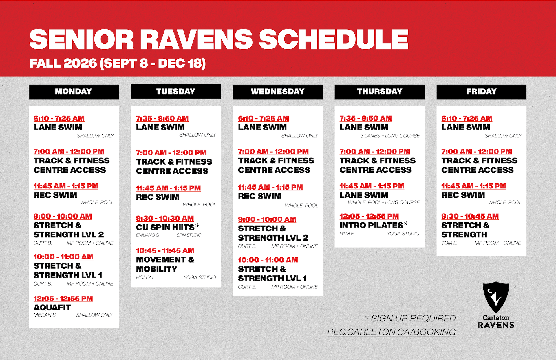 Fall Senior Ravens Schedule 2026