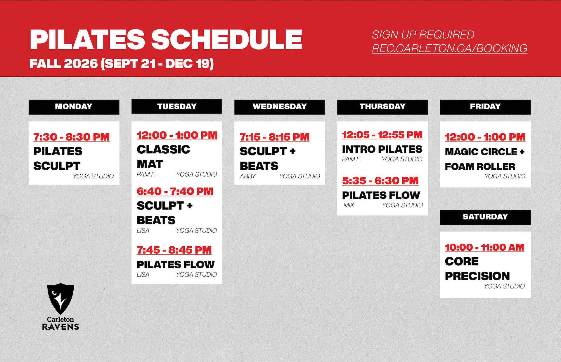 Fall Pilates Schedule 2026