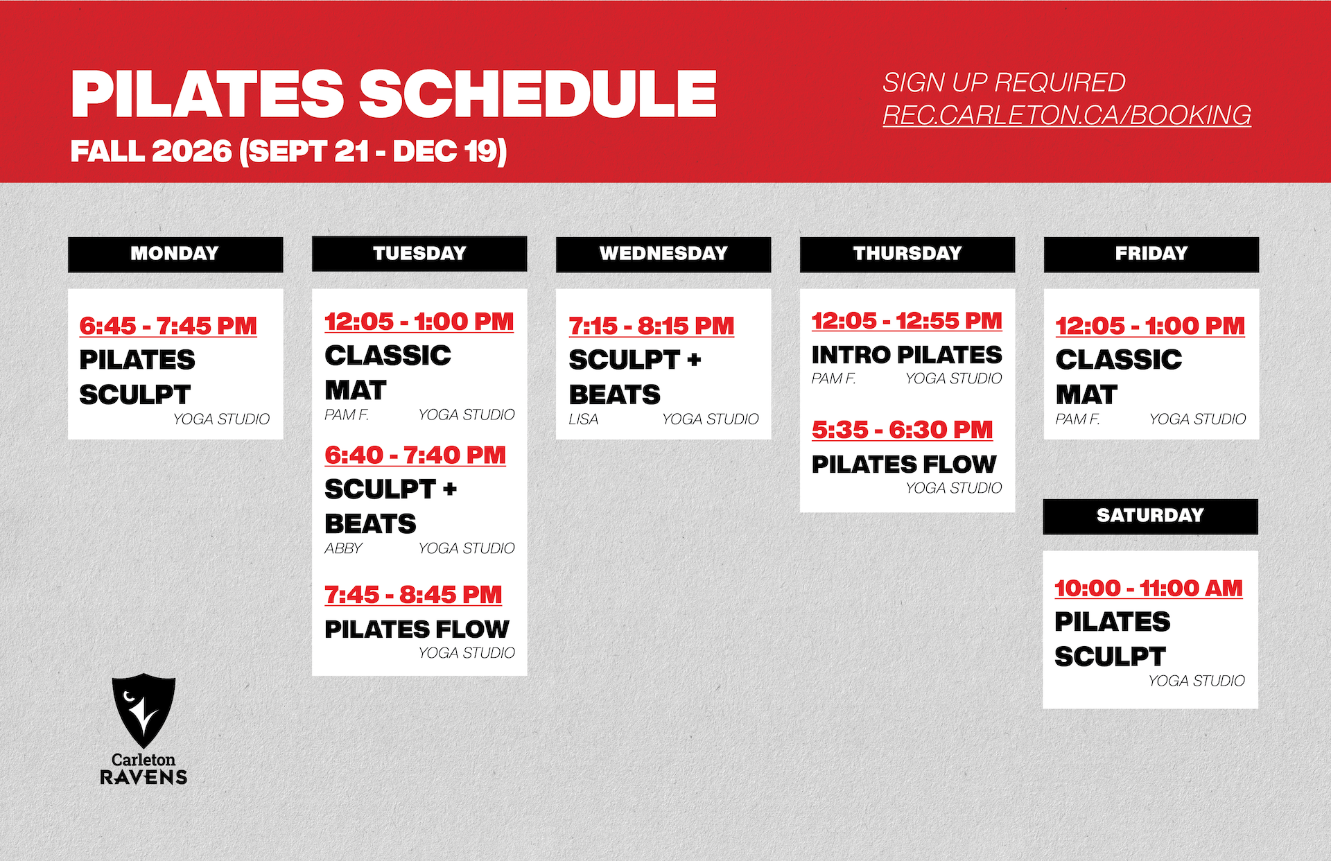 Fall Pilates Schedule 2026