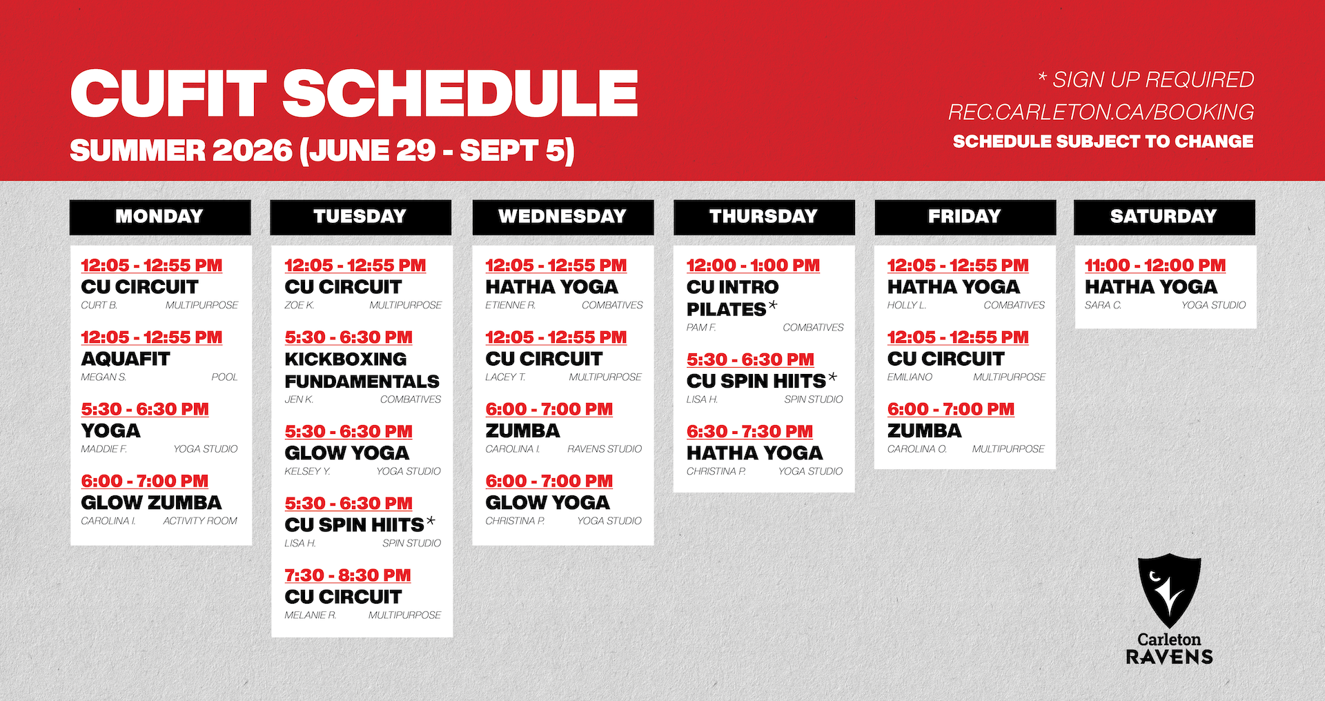 Summer CUFIT Schedule 2026